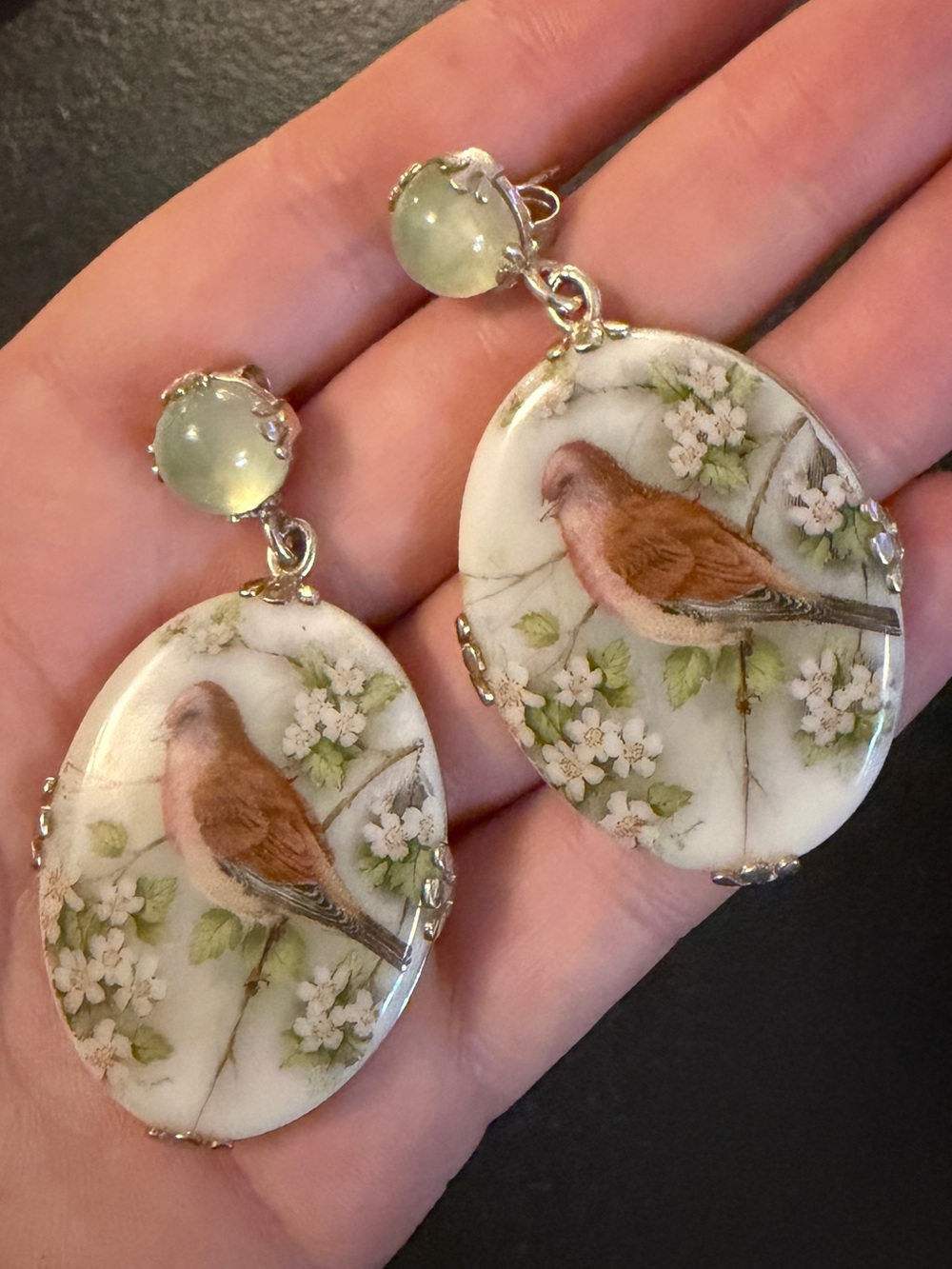 Hand-Painted Bird Porcelain Drop Earrings in Cream and Brown Sterling Silver